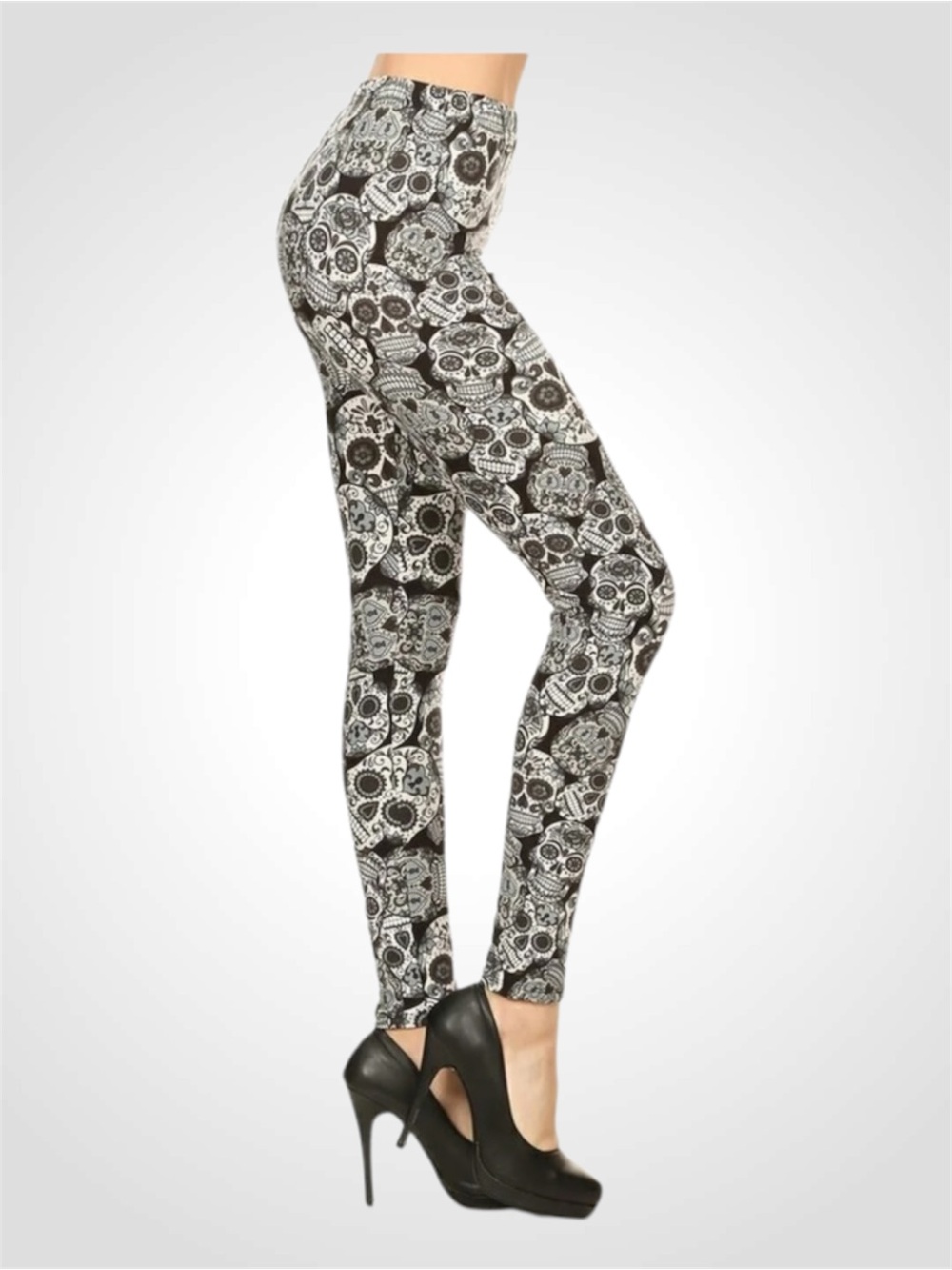 High-Waist Buttery Soft Sugar Skull Print Leggings - Black & White - Large